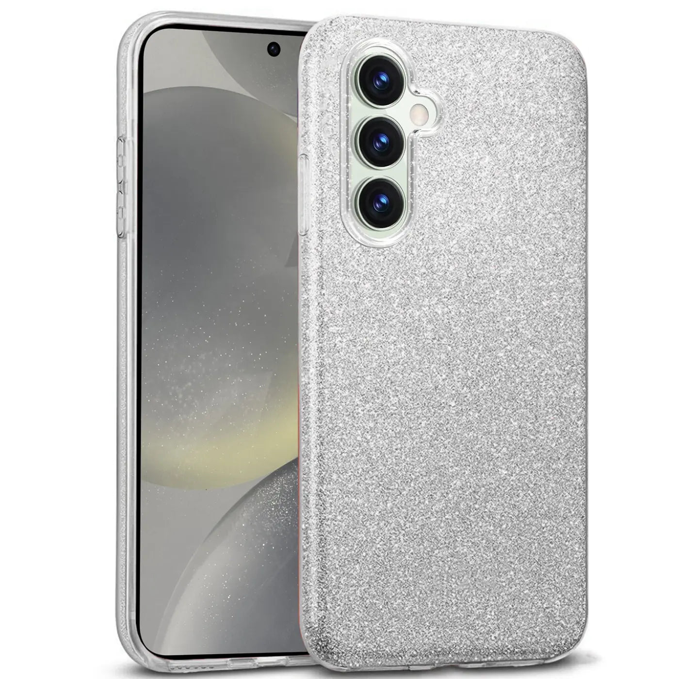 Silberne Glitzer TPU Hülle für Samsung Galaxy S24, von vorne schräg