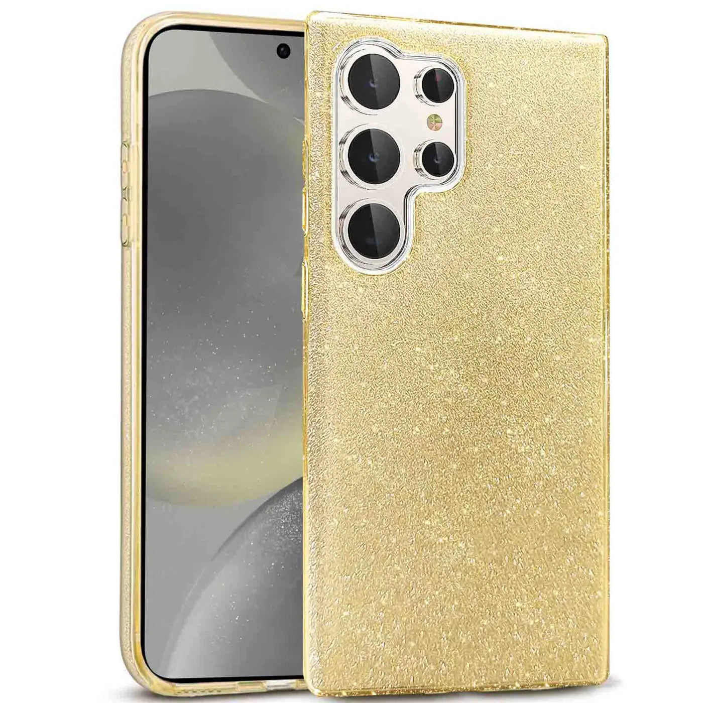 Goldene Glitzer TPU Hülle auf Samsung Galaxy S24 Ultra, von schräg oben.