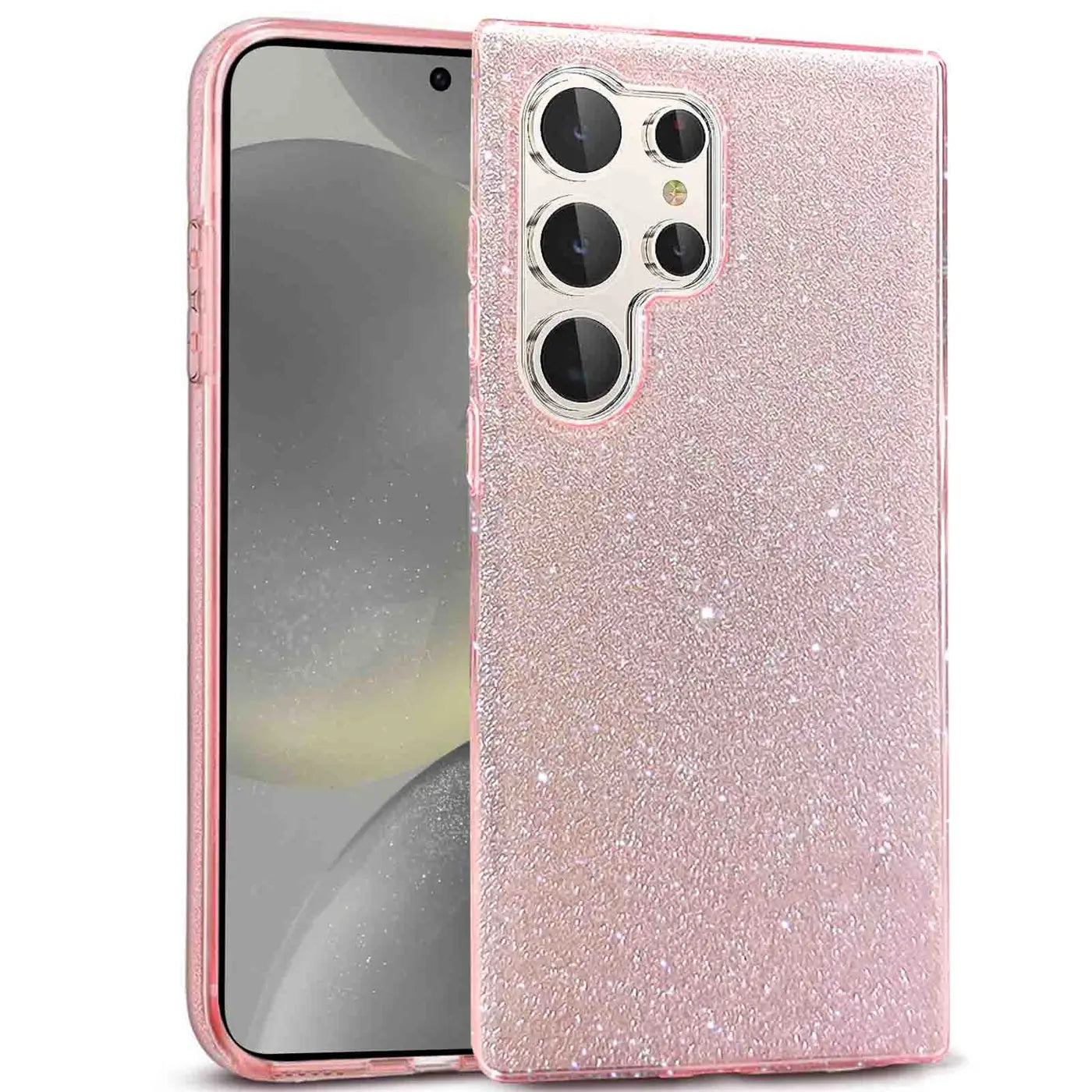 Rosa Glitzer TPU Hülle auf Samsung Galaxy S24 Ultra, Seitenansicht.