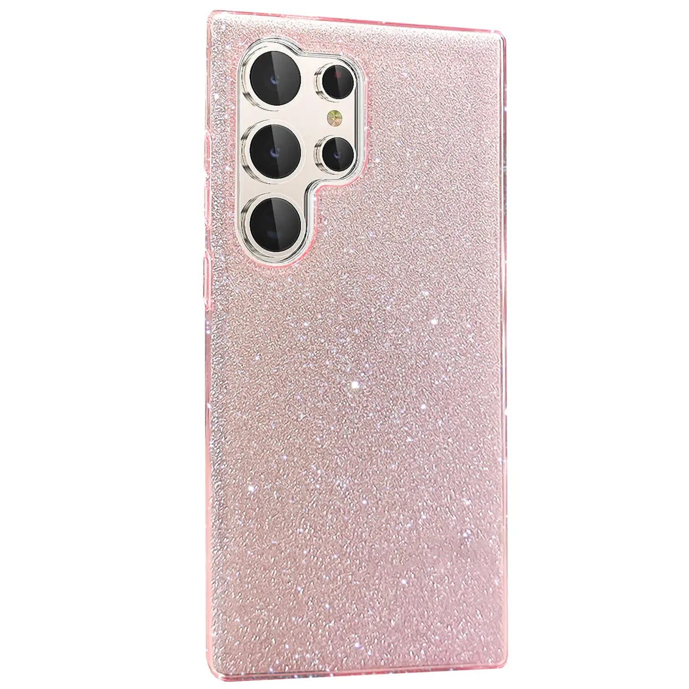 Rosa Glitzer TPU Hülle für Samsung Galaxy S24 Ultra, Rückansicht, Nahaufnahme.