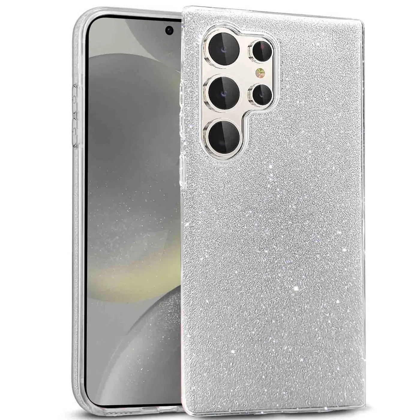 Silberne Glitzer TPU Hülle für Samsung Galaxy S24 Ultra, von vorne links gezeigt.