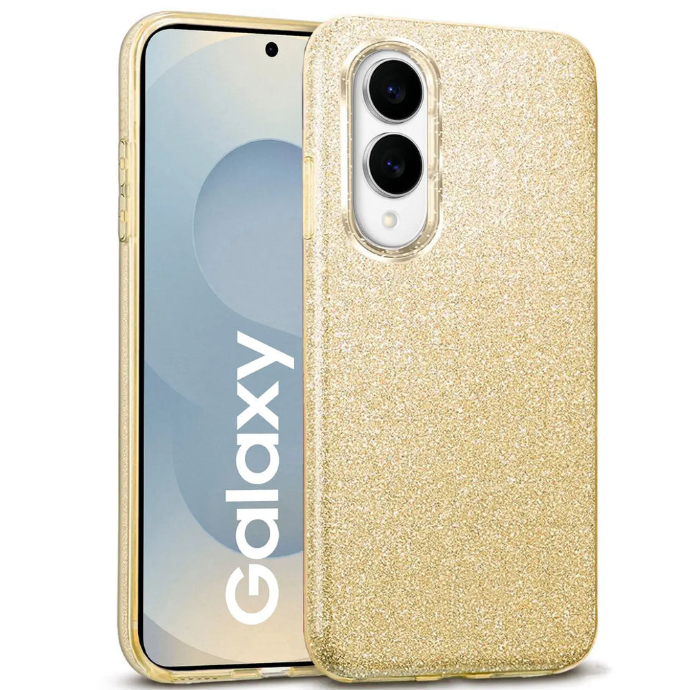 Goldene Glitzer TPU Hülle für Samsung Galaxy S25 Edge, von vorne schräg gezeigt.