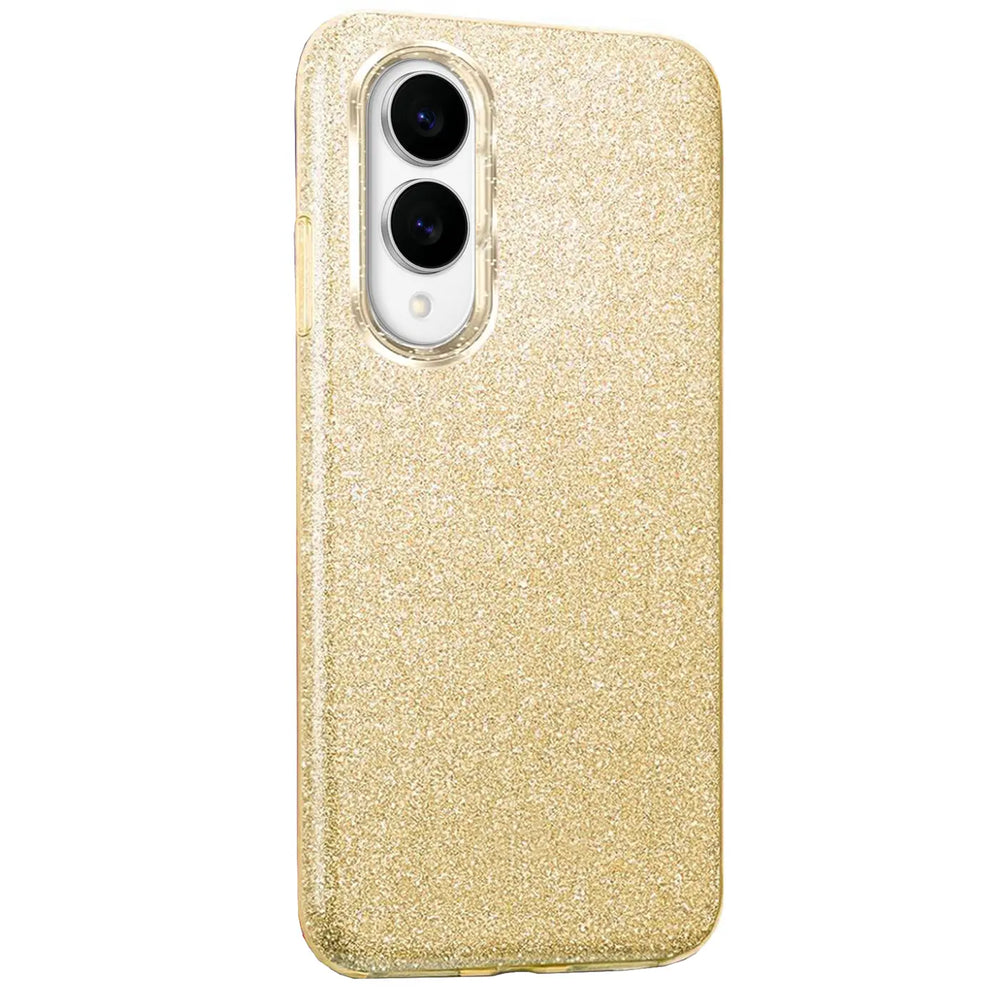 Goldene Glitzer TPU Hülle für Samsung Galaxy S25 Edge, von hinten gesehen.