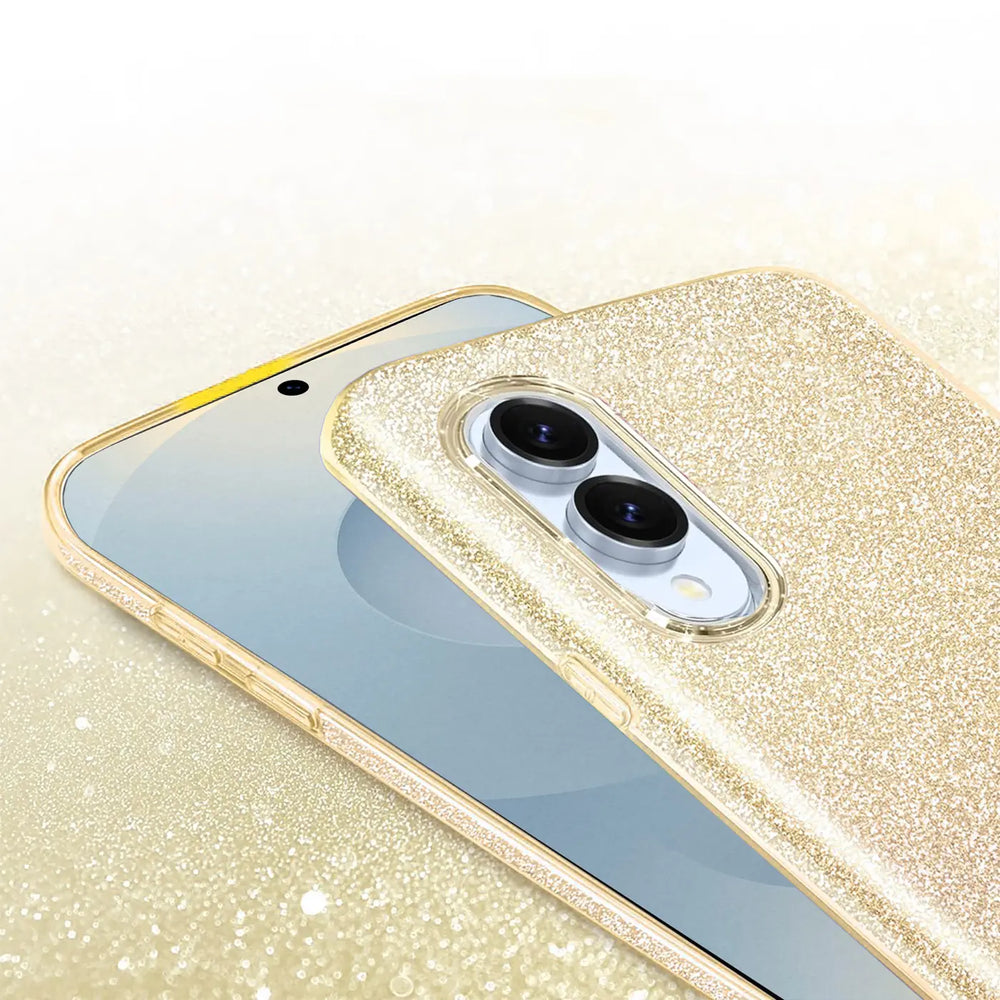 Goldene Glitzer-TPU-Hülle auf Samsung Galaxy S25 Edge, Nahaufnahme von hinten.