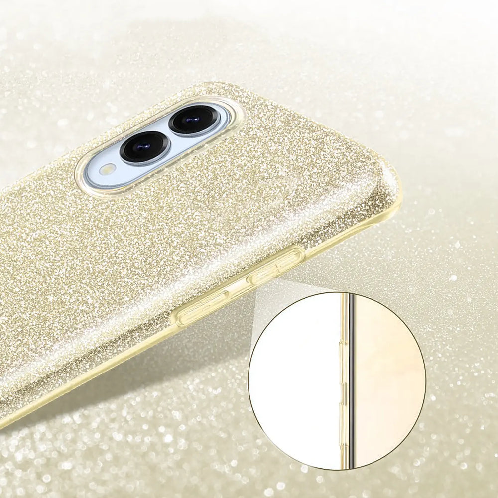 Goldene Glitzer TPU Hülle, Rückansicht, Samsung Galaxy S25 Edge mit Doppelkamera.