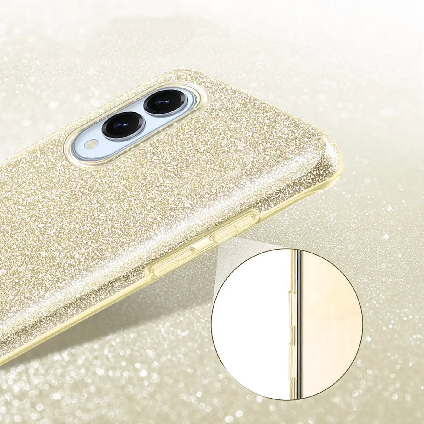 Goldene Glitzer TPU Hülle, Rückansicht, Samsung Galaxy S25 Edge mit Doppelkamera.