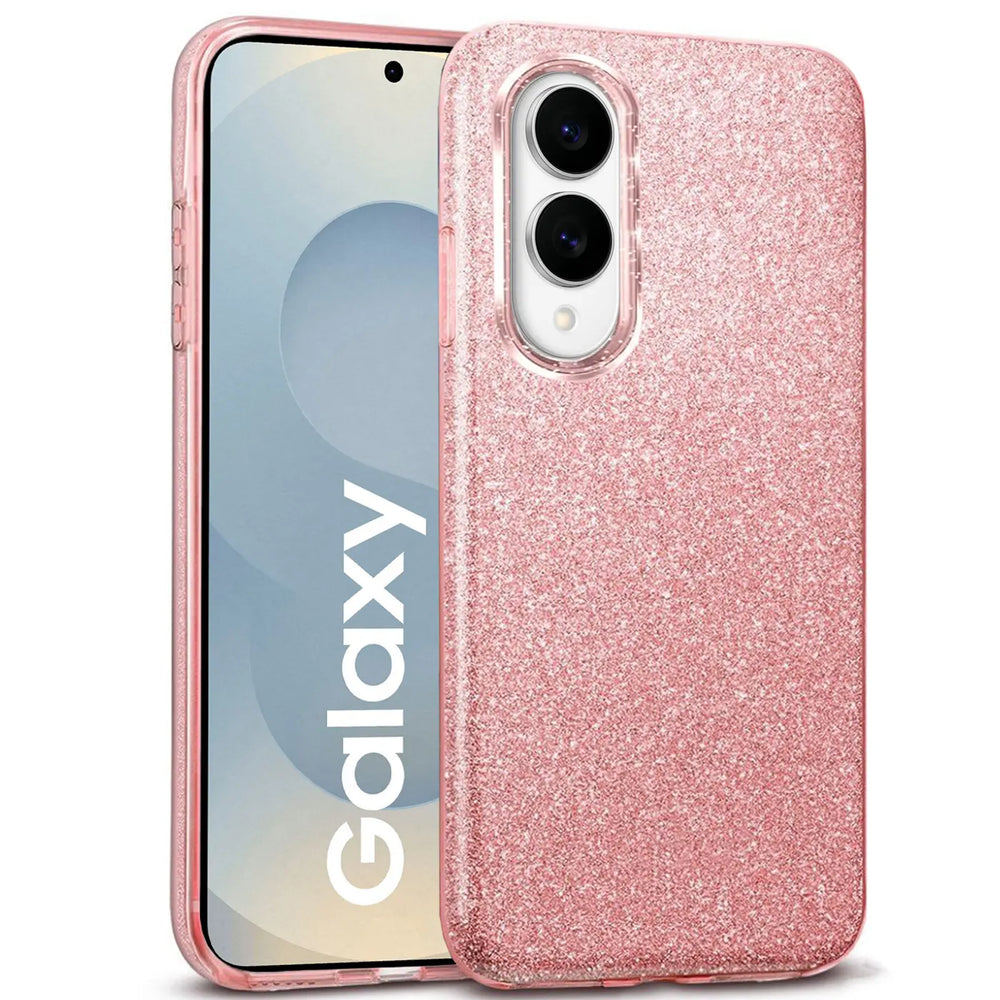 Rosa Glitzer TPU Hülle auf Samsung Galaxy S25 Edge, von vorne leicht schräg.