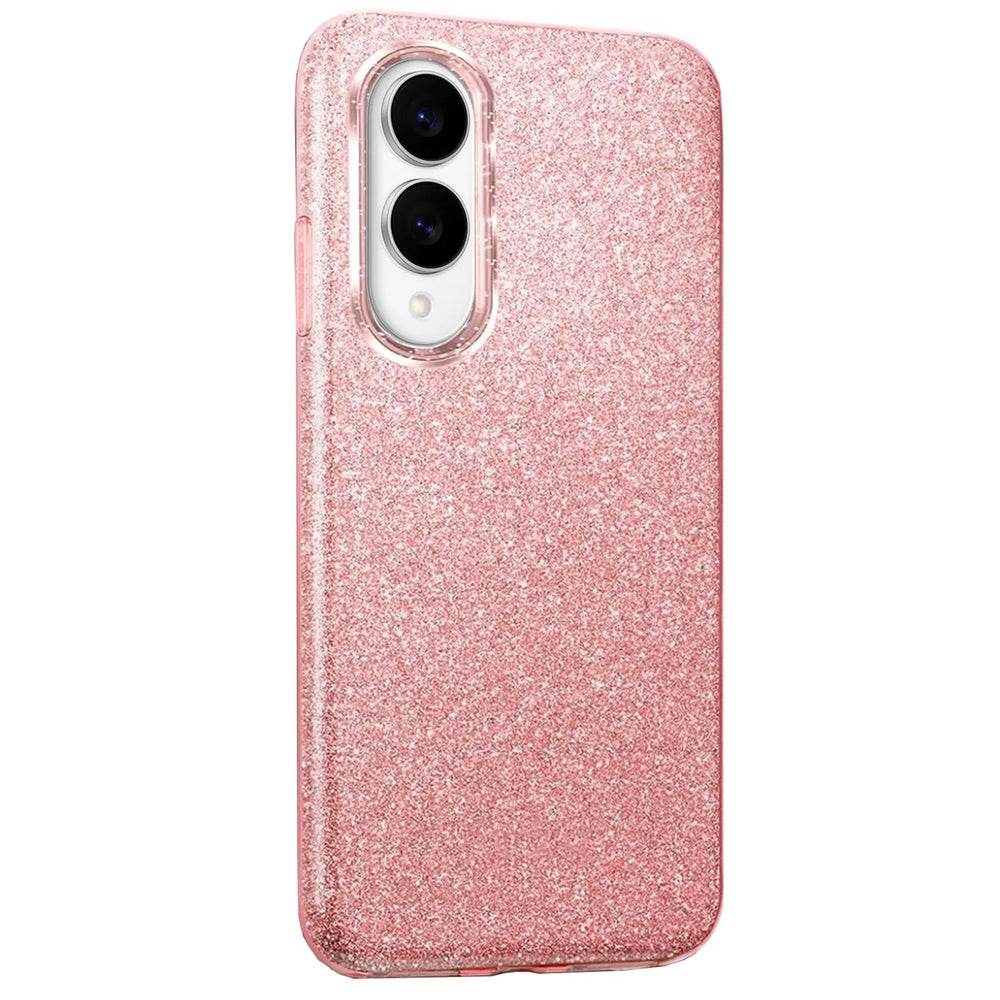 Rosa Glitzer TPU Hülle, Rückansicht, Samsung Galaxy S25 Edge sichtbar.