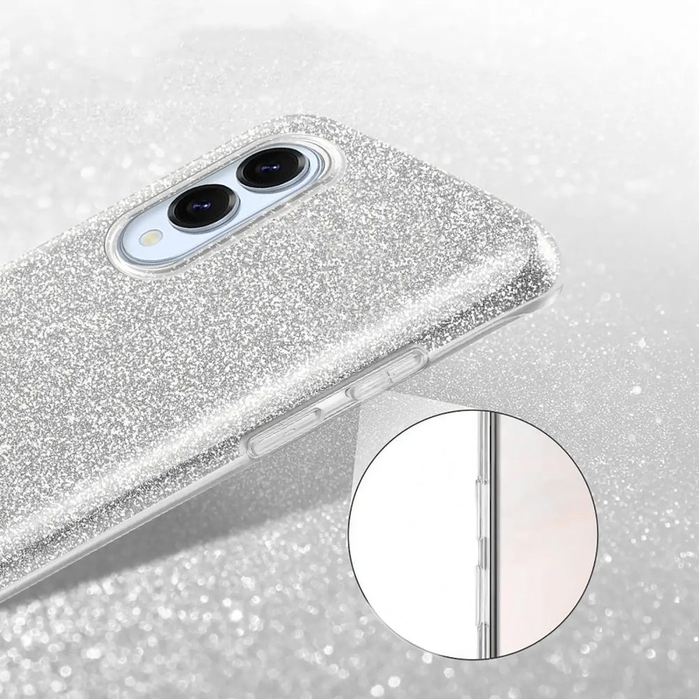 Silberne Glitzer-TPU-Hülle für Samsung Galaxy S25 Edge, Nahaufnahme, von oben links