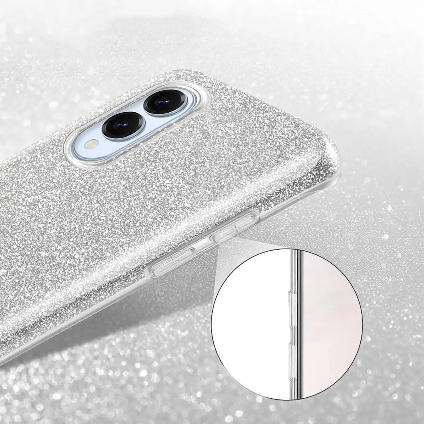 Silberne Glitzer-TPU-Hülle für Samsung Galaxy S25 Edge, Nahaufnahme, von oben links