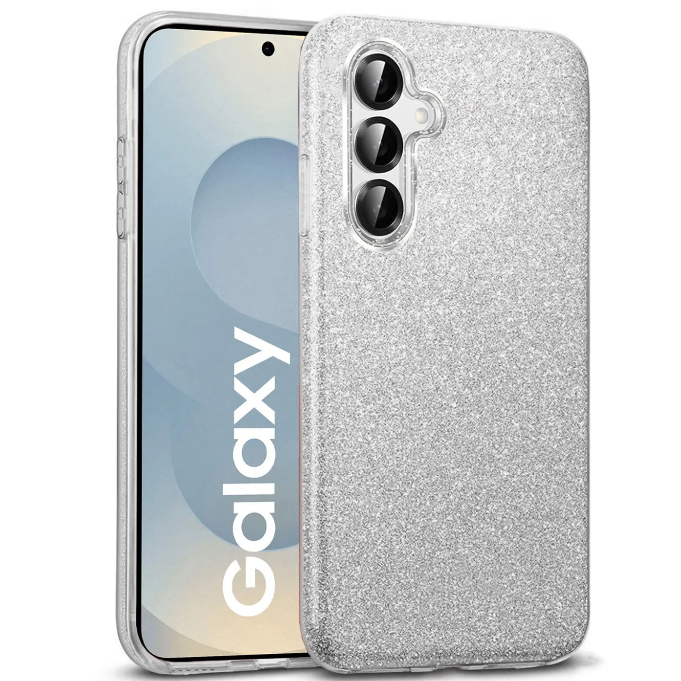 Silberne Glitzer-TPU-Hülle auf einem Samsung Galaxy S25 FE, von vorne rechts gesehen.