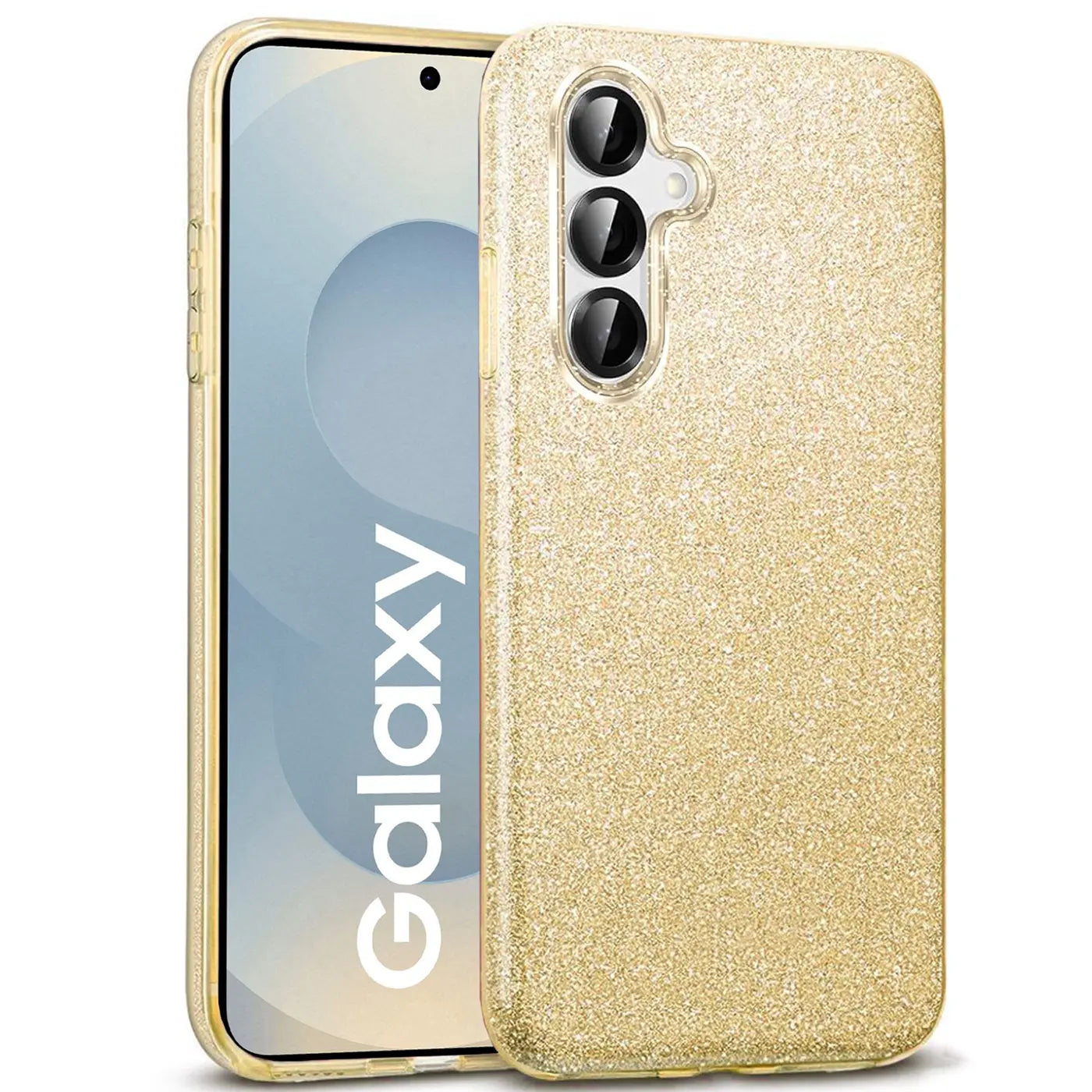 Goldene Glitzer TPU Hülle auf Samsung Galaxy S25 Plus, von vorne leicht schräg