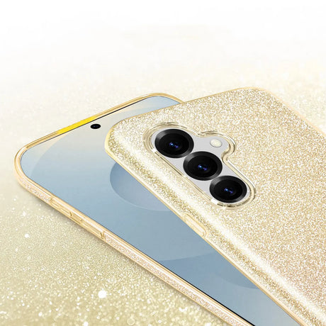 Goldene Glitzer-TPU-Hülle mit Kameraausschnitt auf Samsung Galaxy S26 Plus, Draufsicht