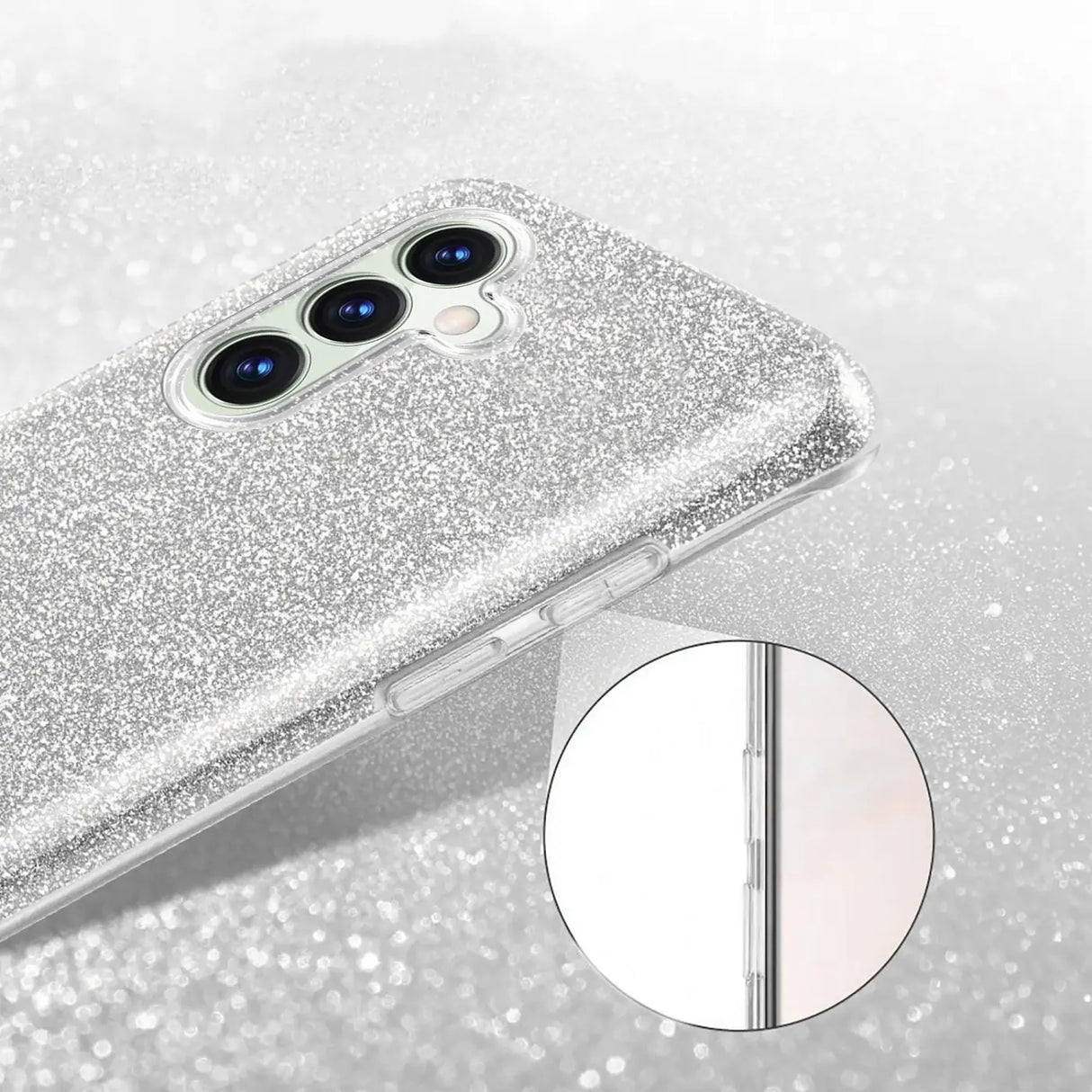 Silberne Glitzer-TPU-Hülle für Samsung Galaxy S26 Plus, Nahaufnahme von hinten.