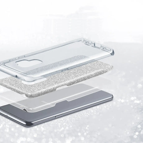 Silberne Glitzer-TPU-Hülle über Samsung Galaxy S26 Plus, von oben gesehen.