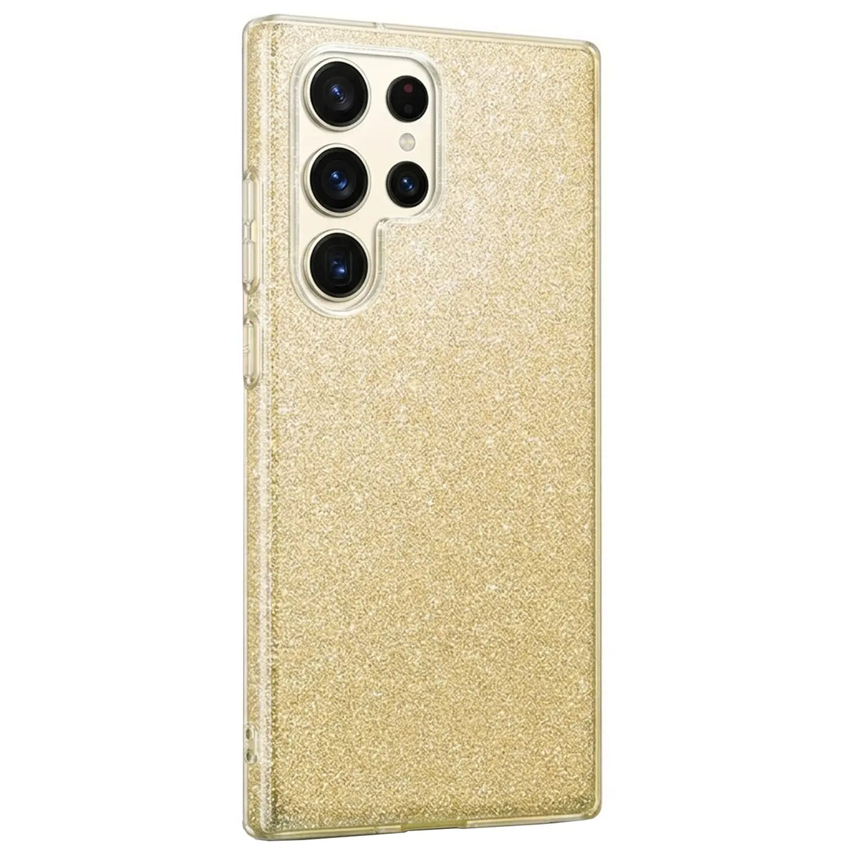 Goldene Glitzer TPU Hülle für Samsung Galaxy S26 Ultra, Rückansicht, leicht schräg.