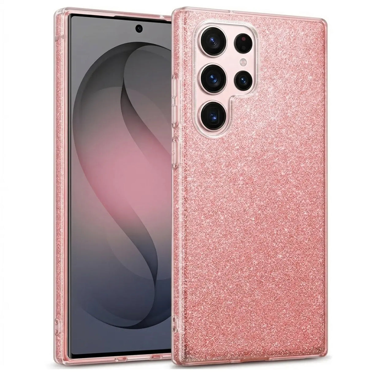 Rosa Glitzer TPU Hülle für Samsung Galaxy S26 Ultra, von vorne schräg fotografiert.