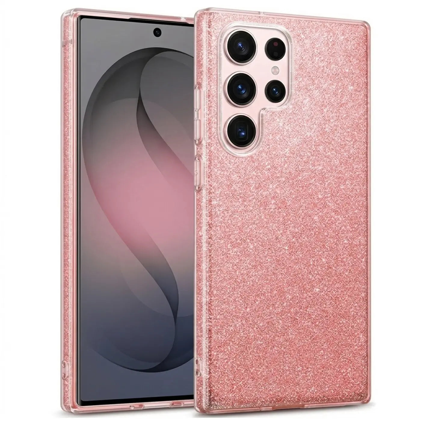 Rosa Glitzer TPU Hülle für Samsung Galaxy S26 Ultra, von vorne schräg fotografiert.