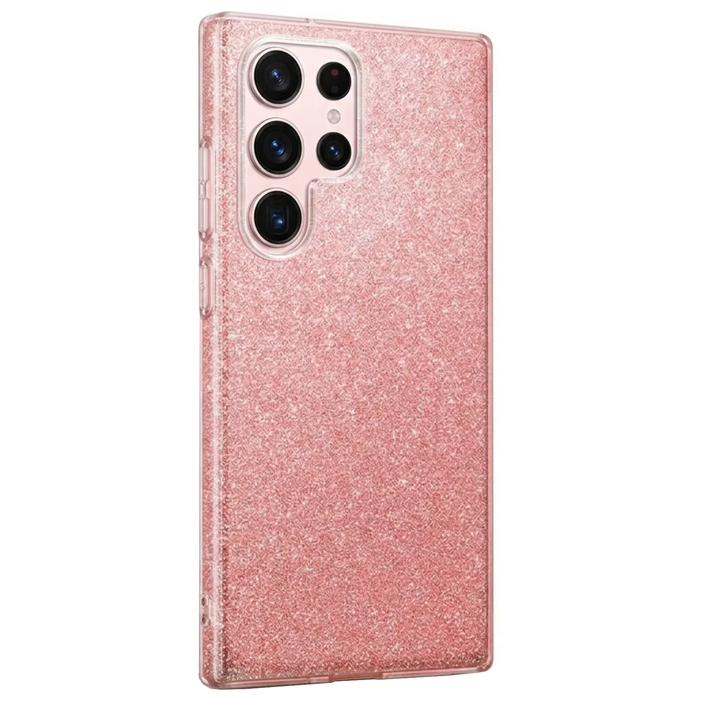 Rosa Glitzer TPU Hülle für Samsung Galaxy S26 Ultra, Rückansicht, leicht schräg.