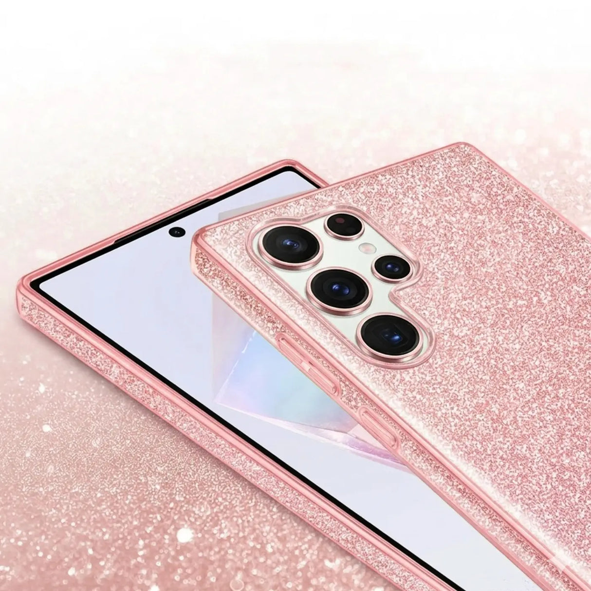 Rosa Glitzer TPU Hülle auf Samsung S26 Ultra, Nahaufnahme, von oben