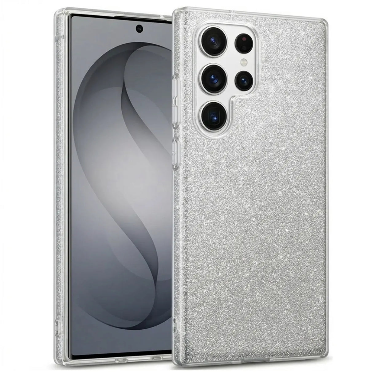 Silberne Glitzer TPU Hülle auf Samsung Galaxy S26 Ultra, Seitenansicht.