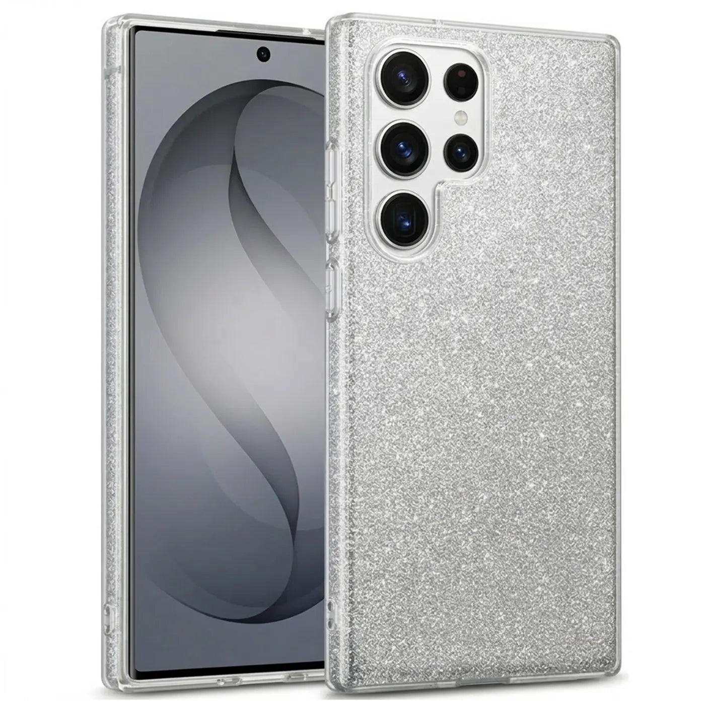 Silberne Glitzer TPU Hülle auf Samsung Galaxy S26 Ultra, Seitenansicht.