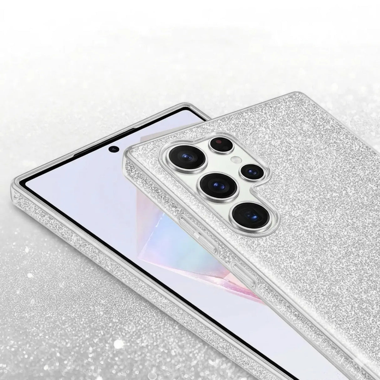 Silberne Glitzer-TPU-Hülle auf Samsung Galaxy S26 Ultra, von schräg oben.
