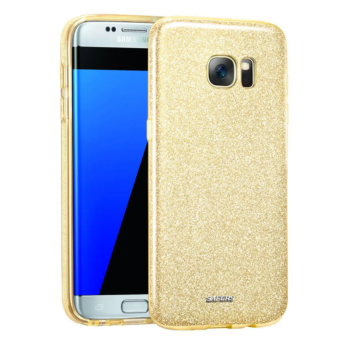 Goldene Glitzer TPU Hülle auf Samsung Galaxy S7 Edge, Seitenansicht.