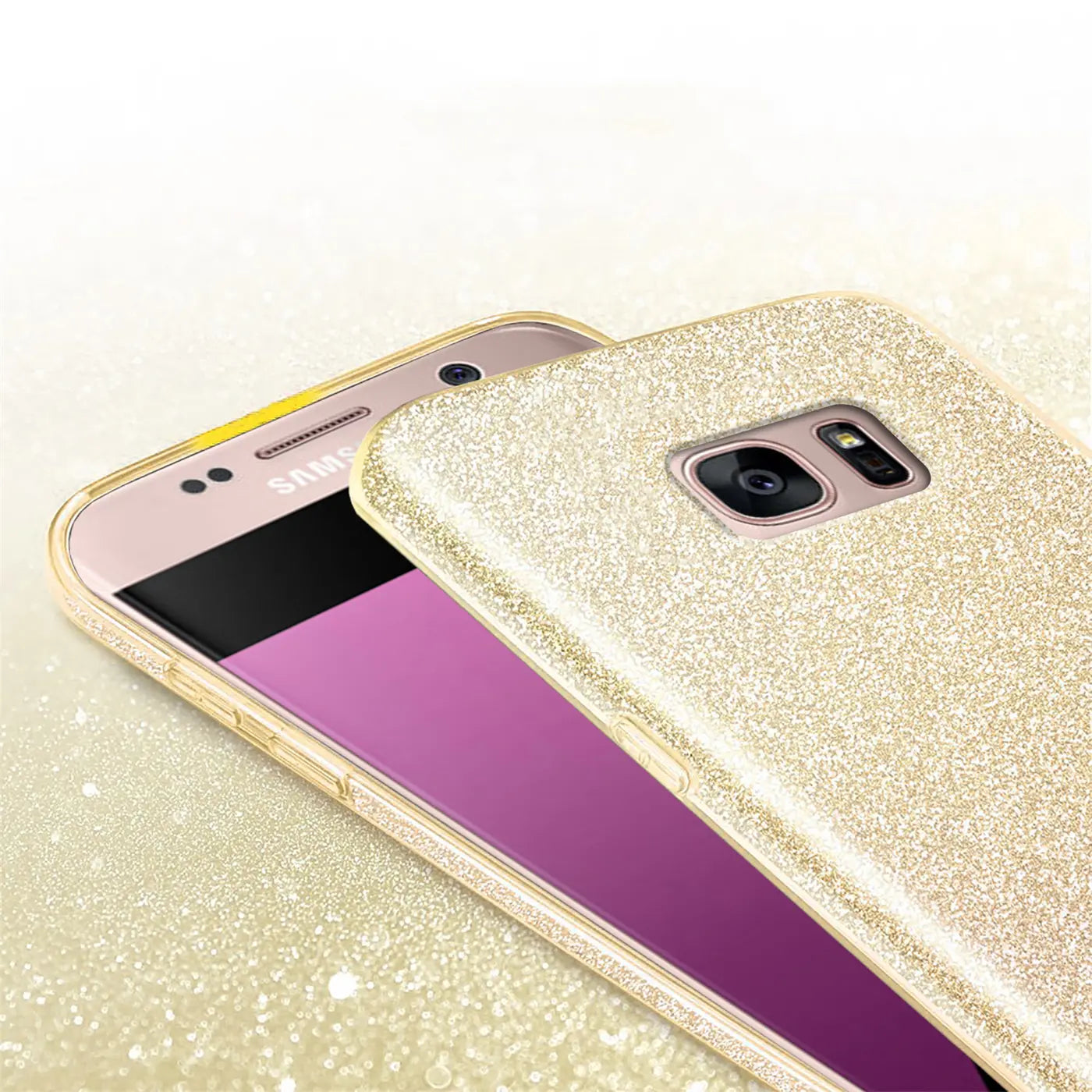 Goldene Glitzer-TPU-Hülle auf einem Samsung Galaxy S7 Edge, Seitenansicht.
