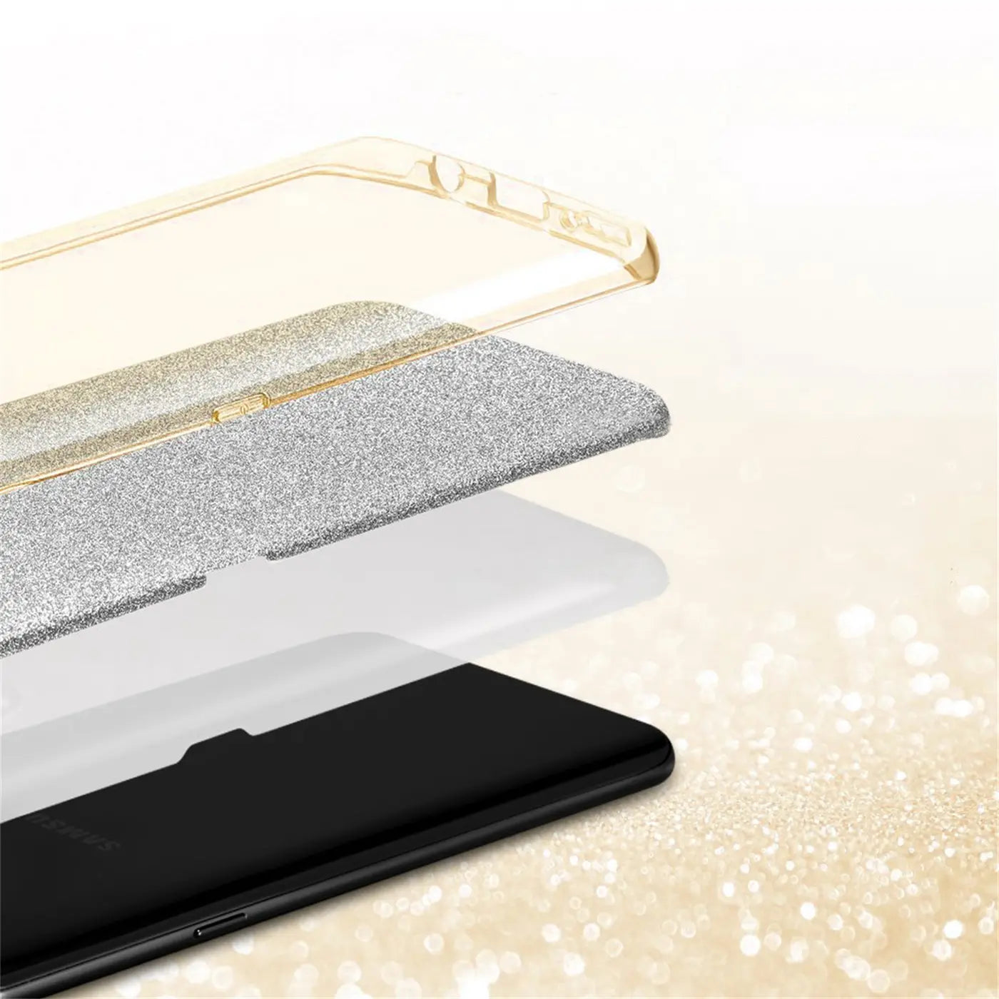 Schwarzes Samsung S7 Edge mit Glitzer-TPU-Hülle, von oben schräg gezeigt.