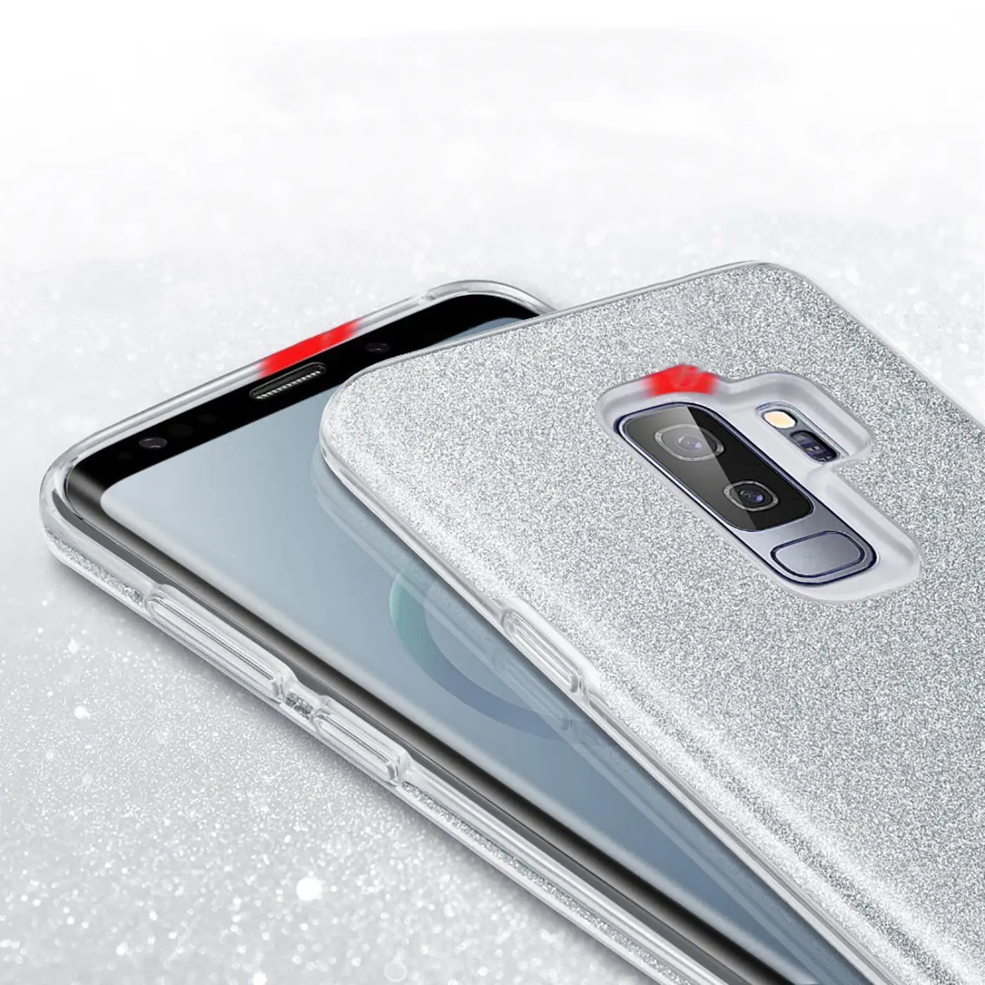 Silberne Glitzer TPU Hülle auf Samsung Galaxy S9 Plus, Nahaufnahme von hinten.