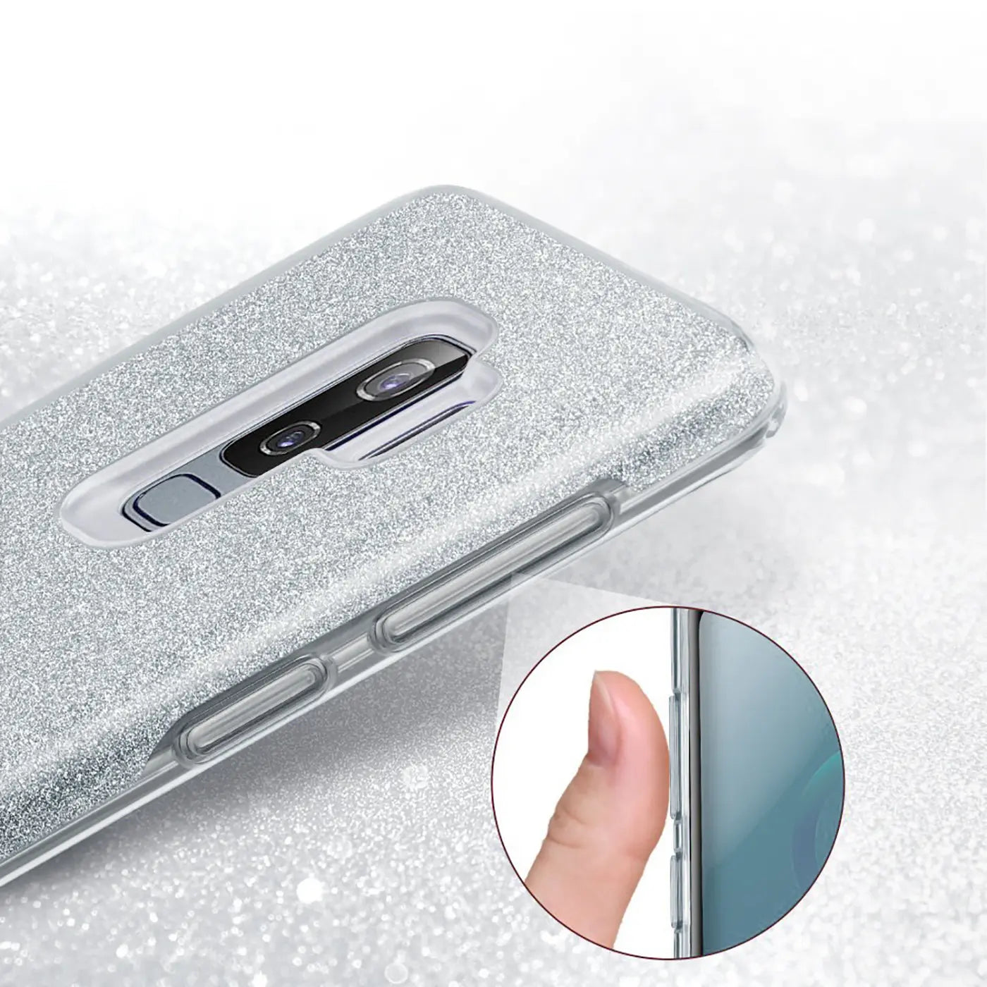 Silberne Glitzer TPU Hülle für Samsung Galaxy S9 Plus, Seitenansicht mit Daumen.