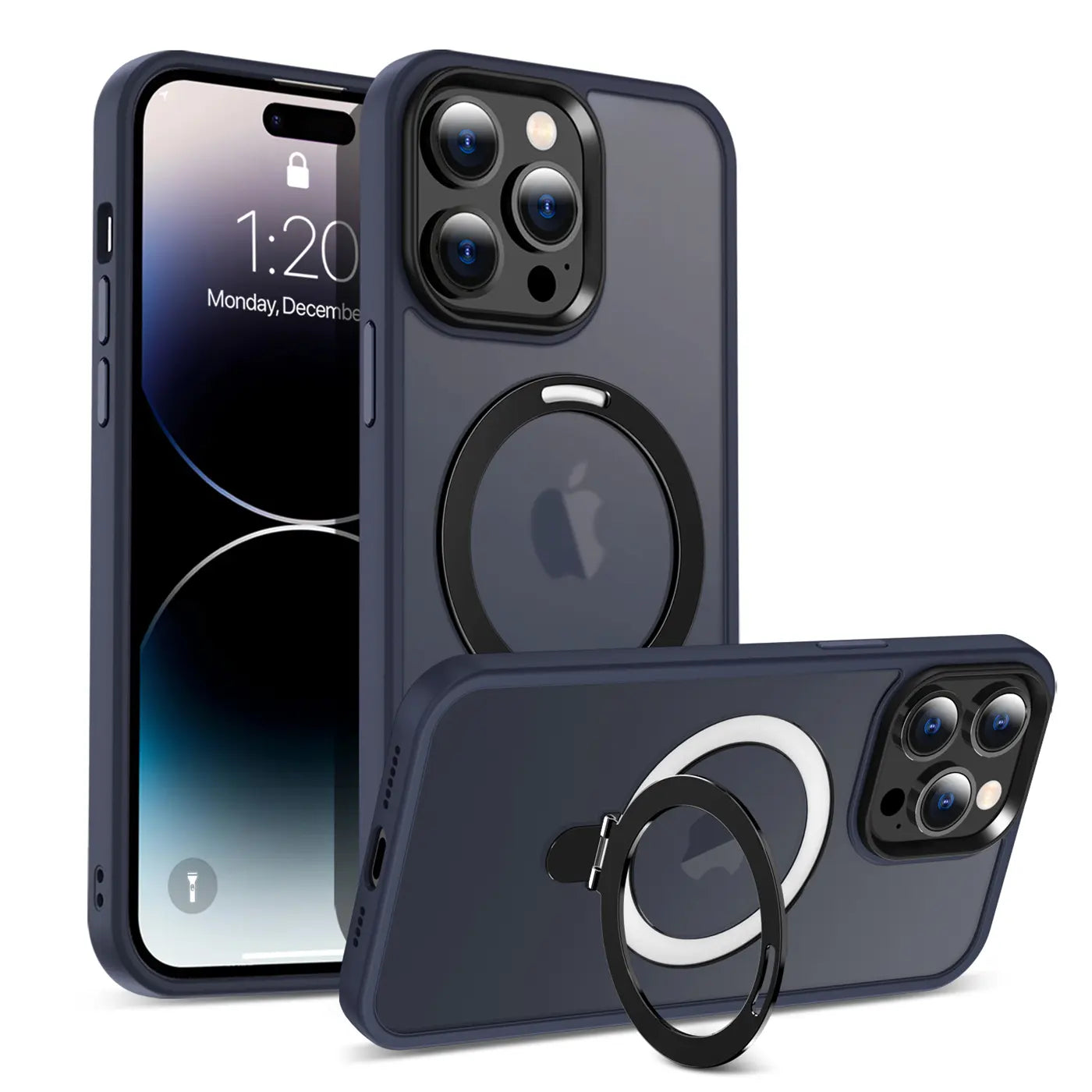 Dunkelblaue MagSafe Hülle mit Aufstellring für iPhone 14 Pro Max, von vorne/seitlich