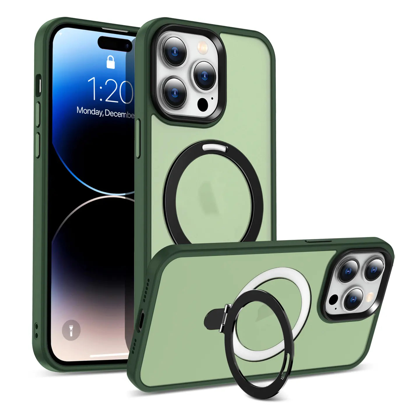 Grüne MagSafe Hülle mit Ring für iPhone 14 Pro Max, von vorne und schräg