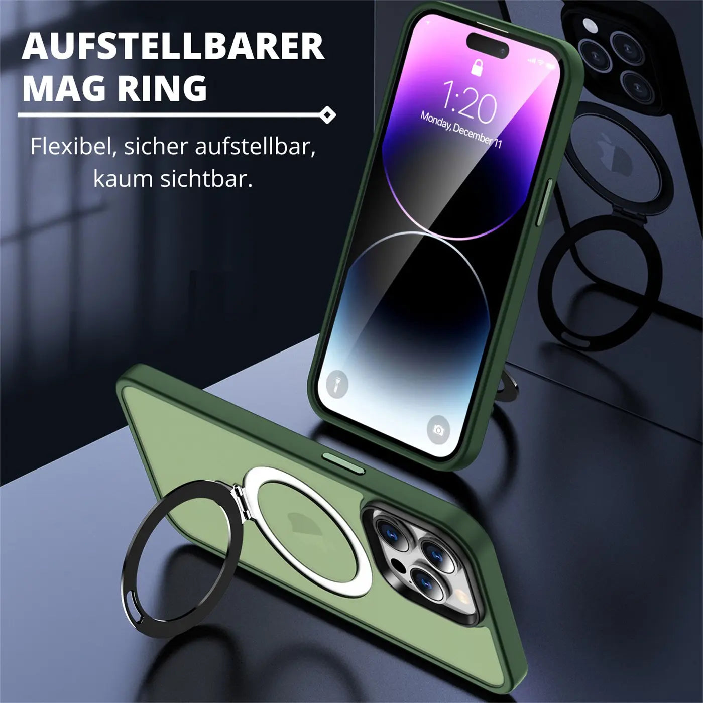 Grüne MagSafe Hülle mit Aufstellring, iPhone 14 Pro Max, Nahaufnahme.