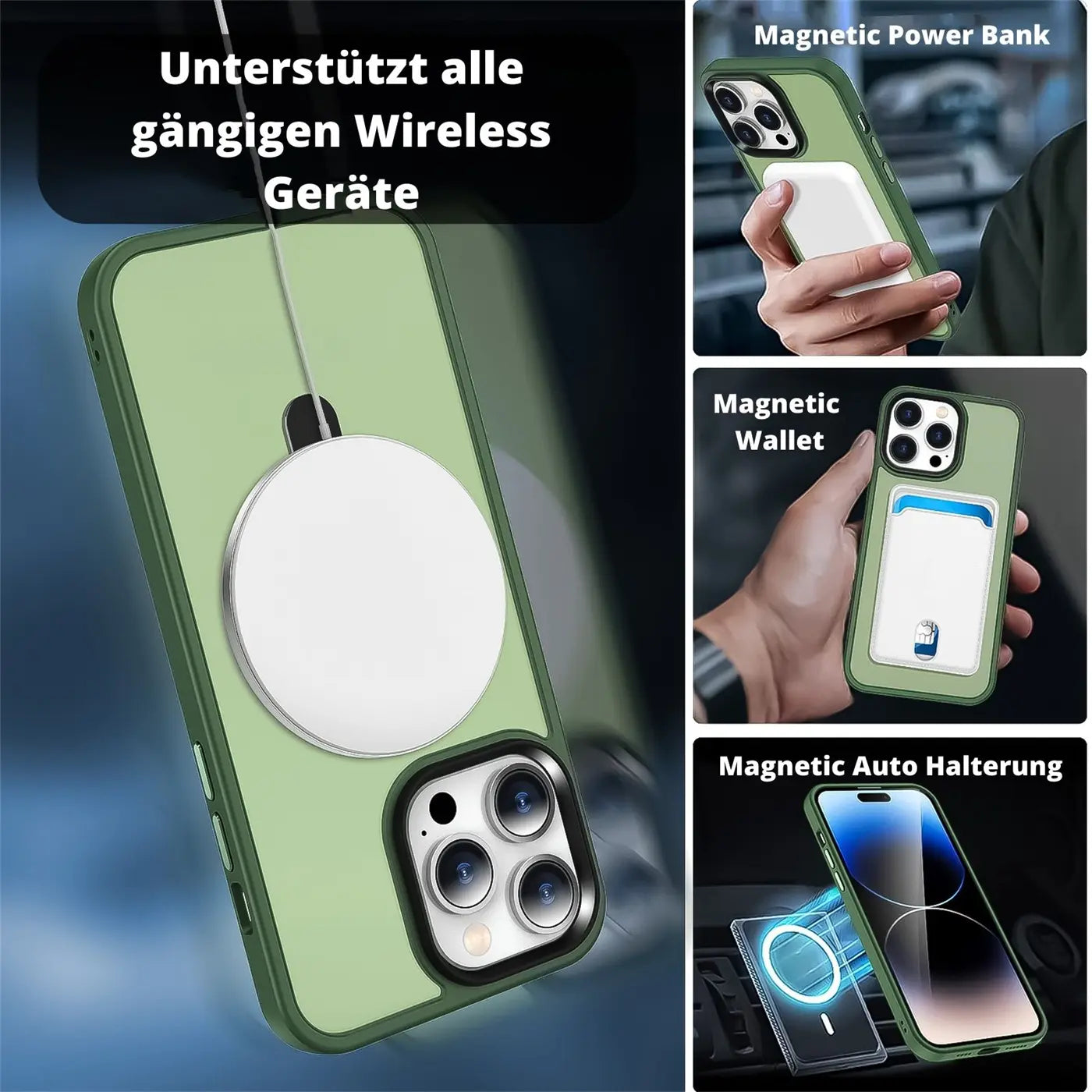 Grüne MagSafe-Hülle mit iPhone 14 Pro Max, Nahaufnahme, Rückseite, mit MagSafe-Ladegerät