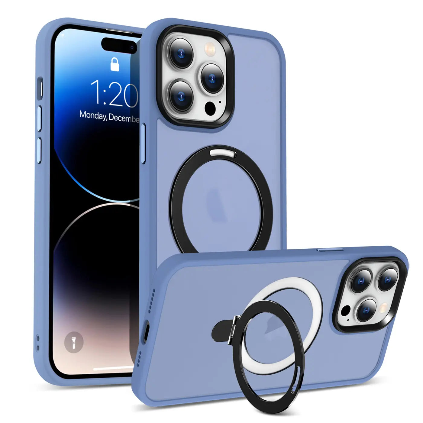 Blaue MagSafe Hülle aus Kunststoff mit Aufstellring für iPhone 12 Pro Max, von vorne und schräg