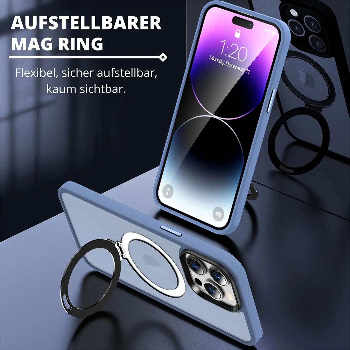 Blaues iPhone 12 Pro Max mit MagSafe Hülle und silbernem Aufstellring, von vorne/oben.