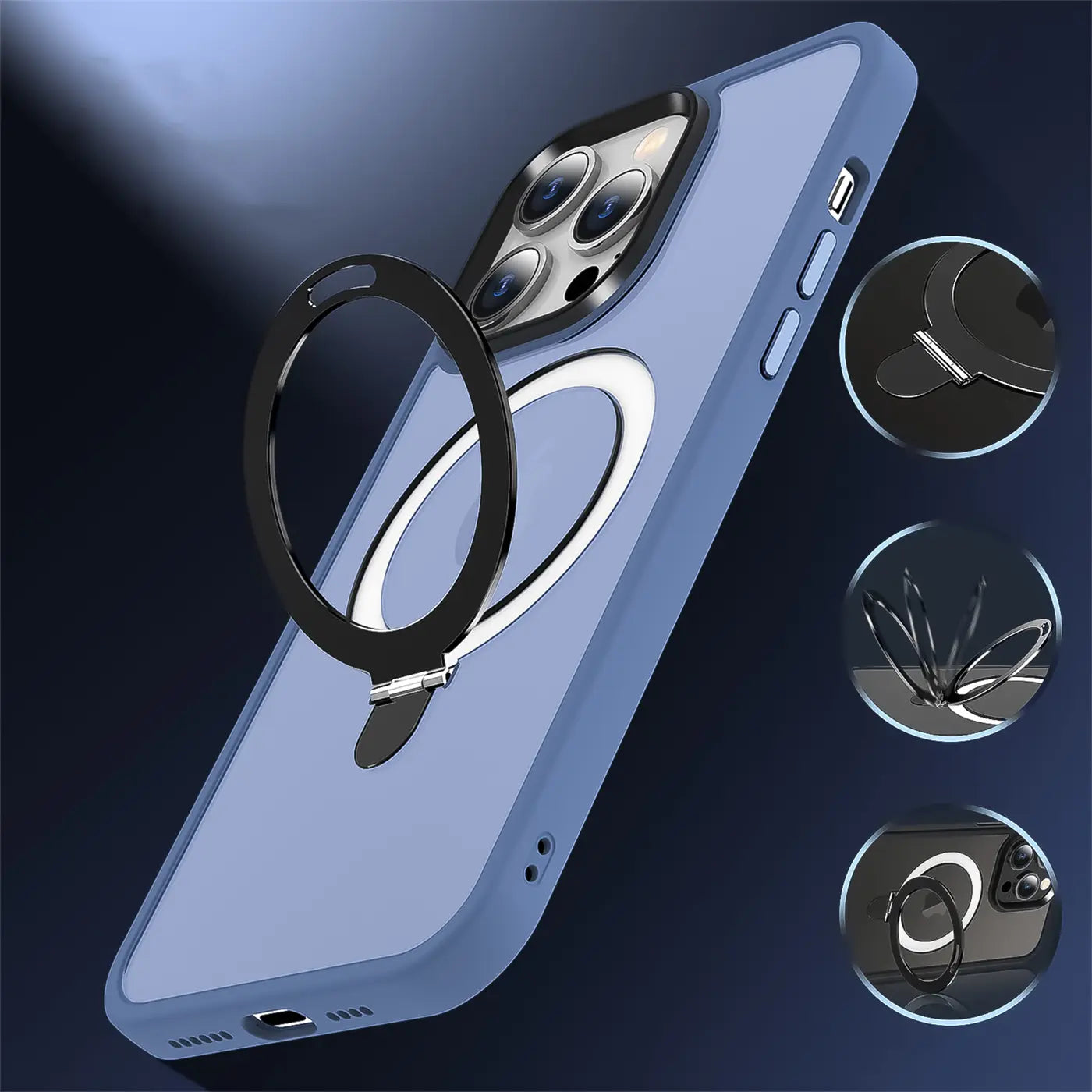 Blaue MagSafe Hülle aus Kunststoff mit silbernem Aufstellring, iPhone 12 Pro Max, Seitenansicht.