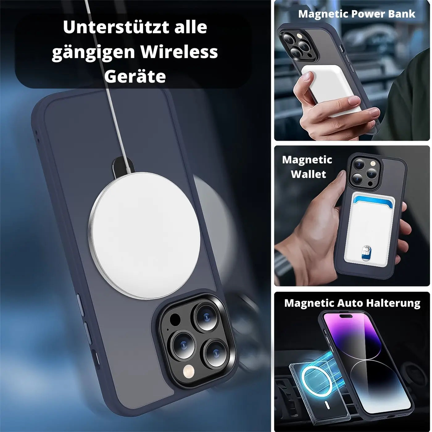 Dunkelblaue Hülle mit weißem MagSafe-Ring auf iPhone 12 Pro Max. Nahaufnahme.