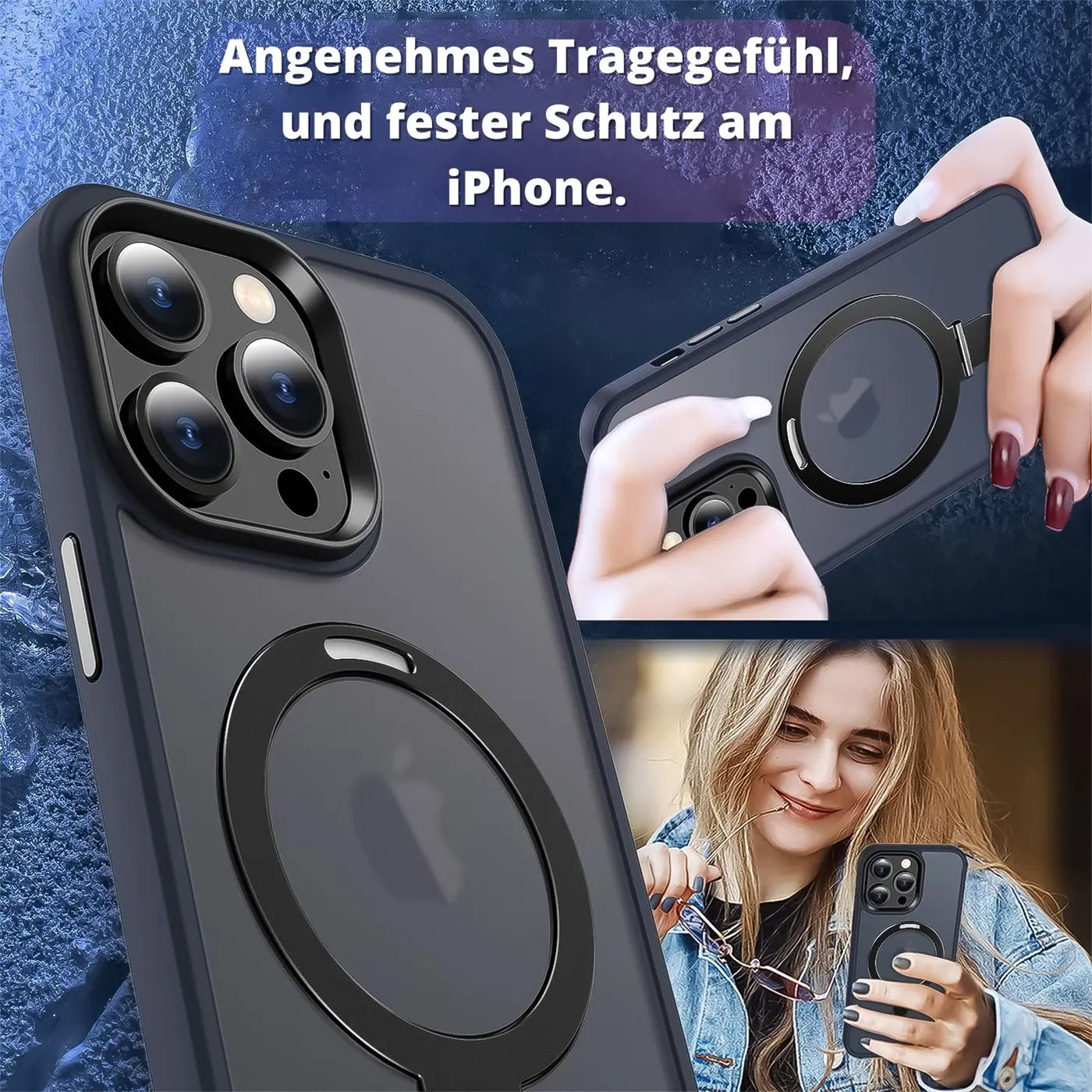 Dunkelgraue iPhone 12 Pro Max Hülle aus Kunststoff mit Aufstellring, Nahaufnahme.