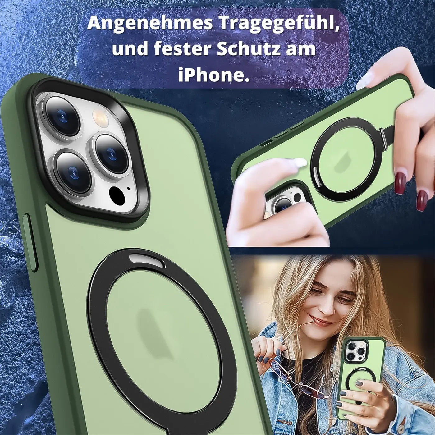 Grüne MagSafe Hülle mit Aufstellring für iPhone 12 Pro Max, von vorne.