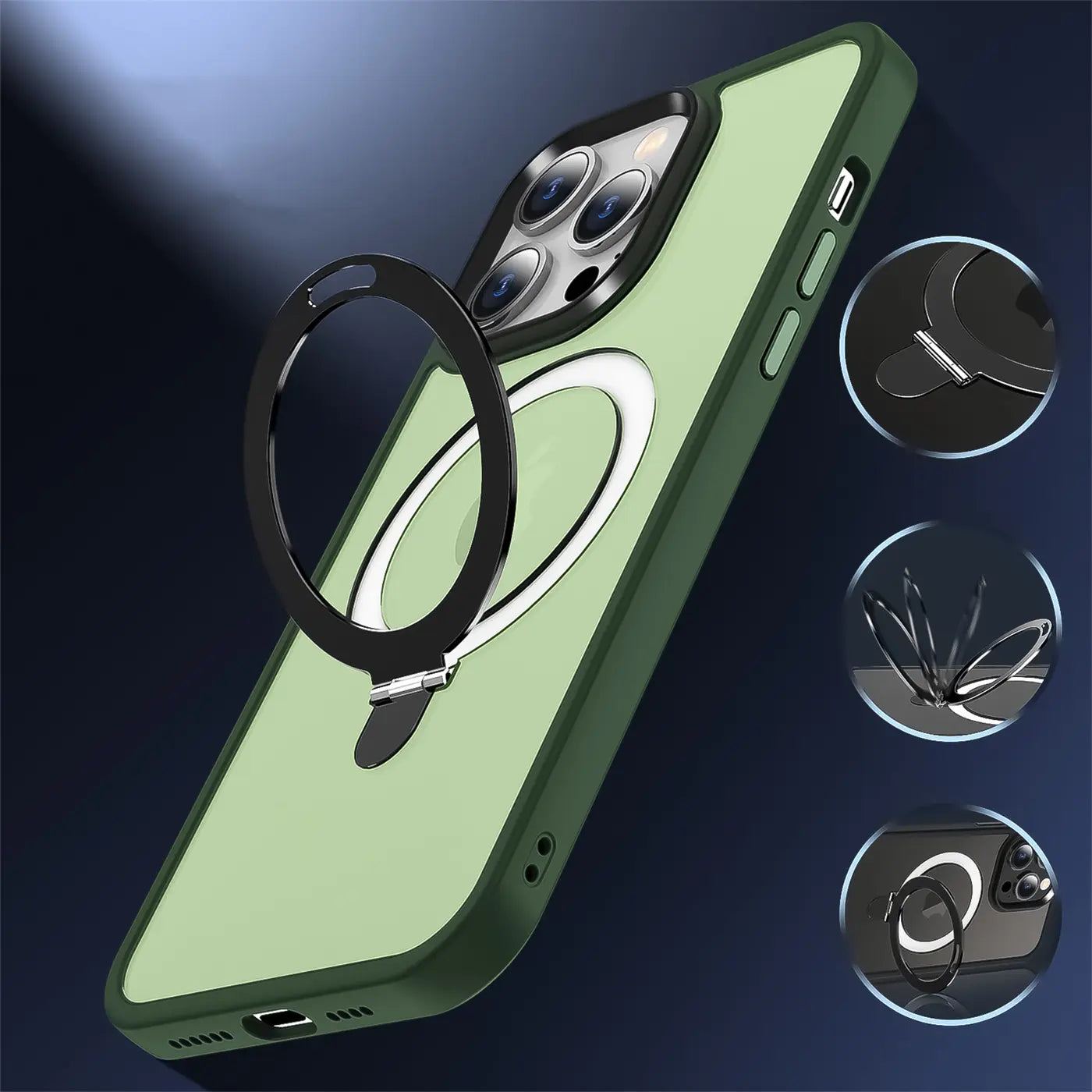 Grüne Hülle mit Aufstellring für iPhone 12 Pro Max, Rückansicht, Materialmix