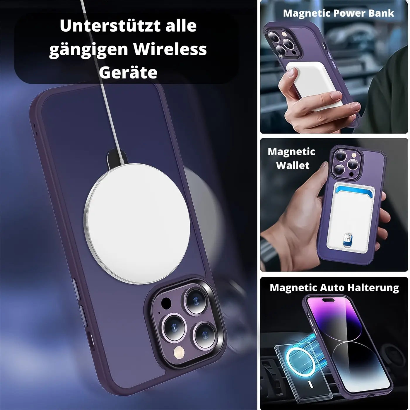 Lila MagSafe Hülle mit weißem Ring auf iPhone 12 Pro Max, Nahaufnahme.