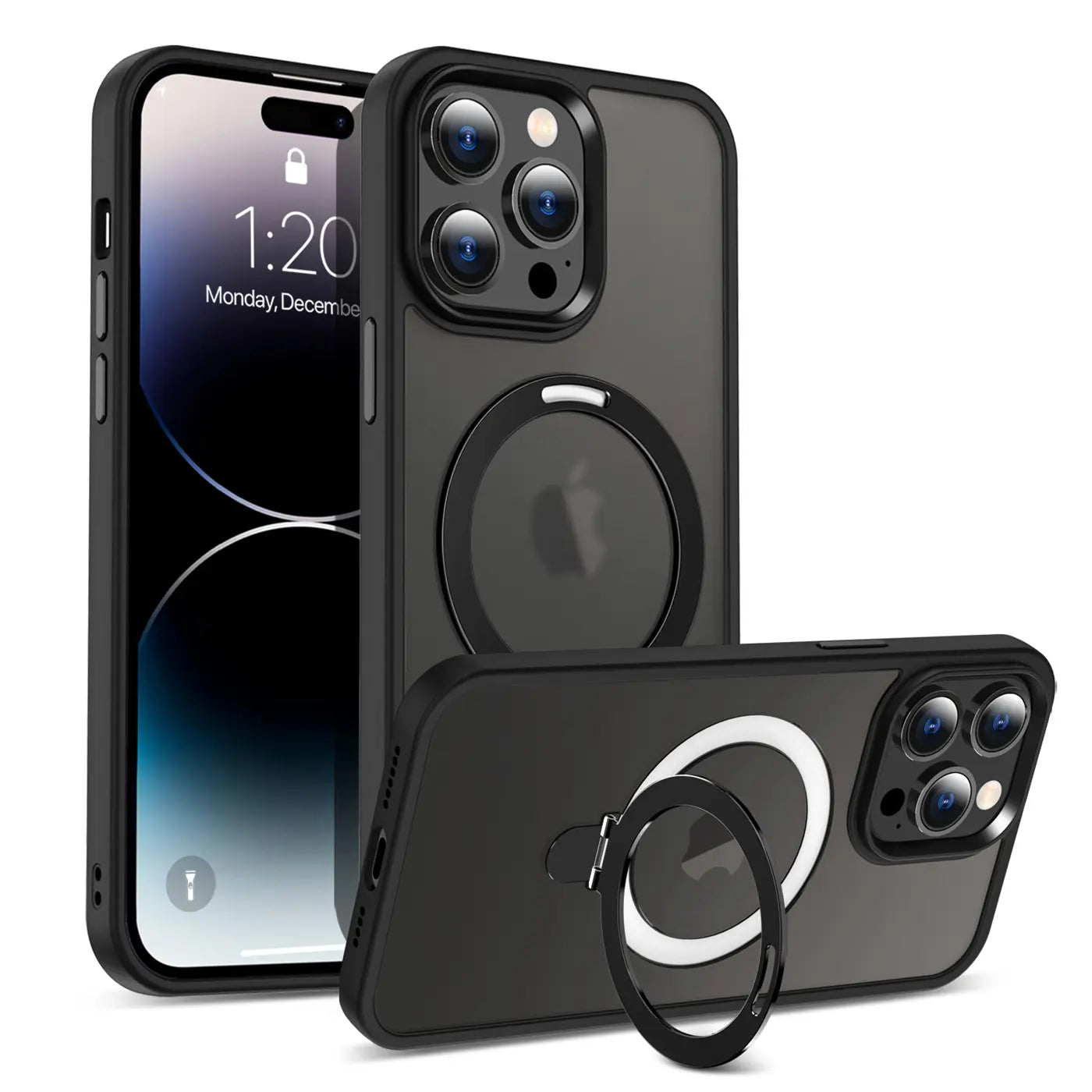 Schwarze MagSafe Hülle mit Aufstellring für iPhone 14 Pro Max, von vorne und schräg