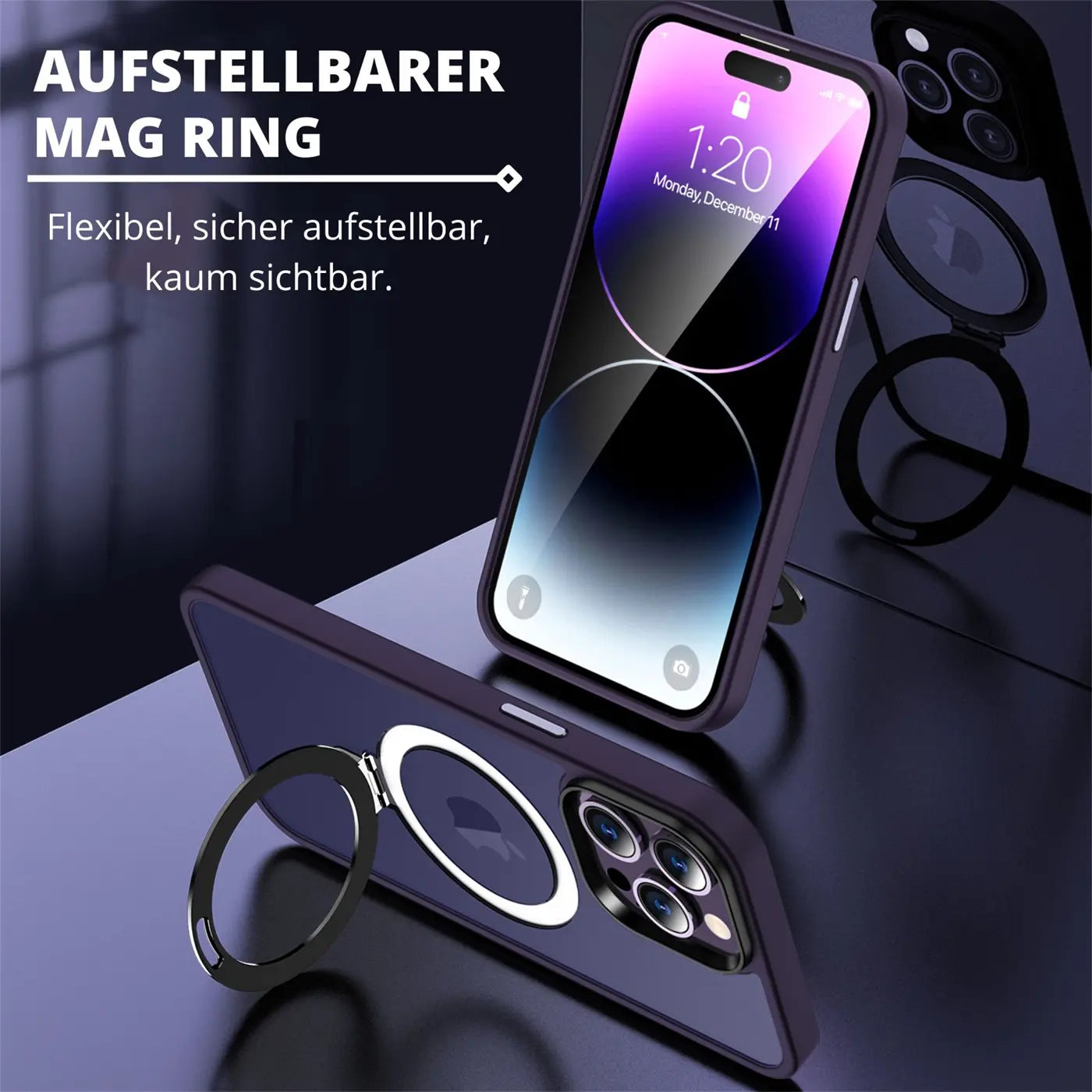 Dunkelviolette Hülle mit Aufstellring, iPhone 14 Pro Max, Draufsicht
