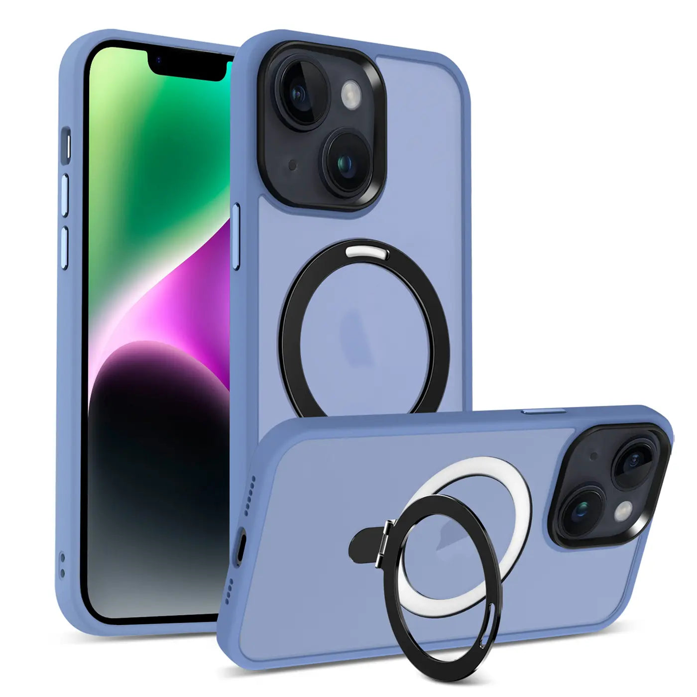 Blaue MagSafe Hülle mit Aufstellring, iPhone 13/14, Rückansicht, leicht schräg.
