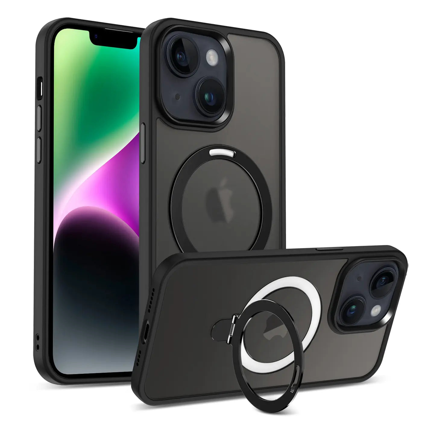 Schwarze MagSafe Hülle aus Kunststoff mit Aufstellring für iPhone 13/14, von vorne und hinten