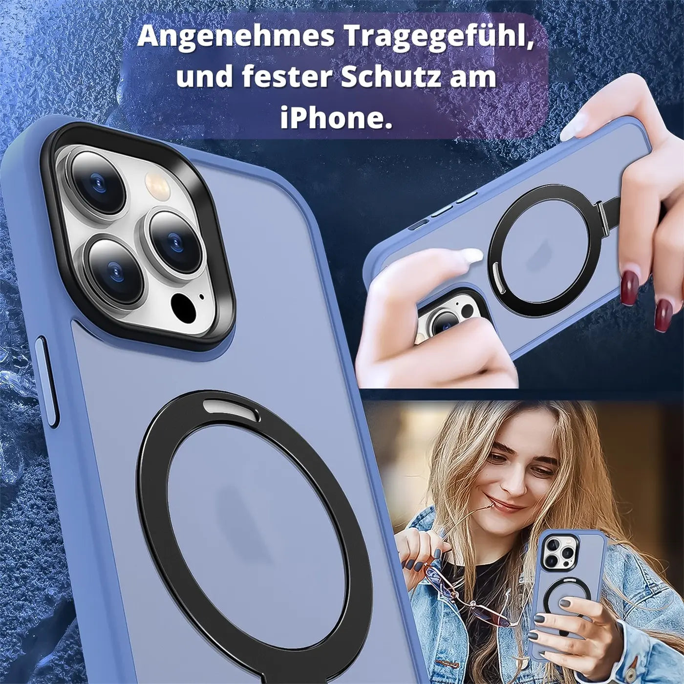 Blaue MagSafe Hülle mit Aufstellring für iPhone 14 Pro, Nahaufnahme.