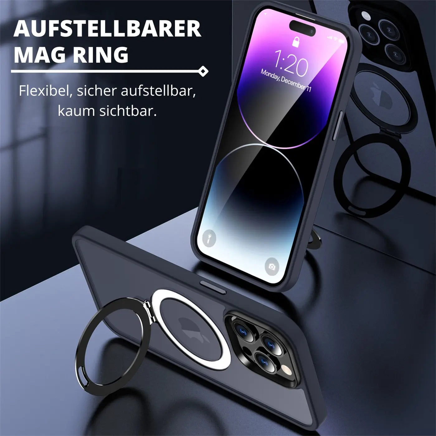 Dunkelgraue Hülle mit Aufstellring für iPhone 14 Pro, Rückansicht.
